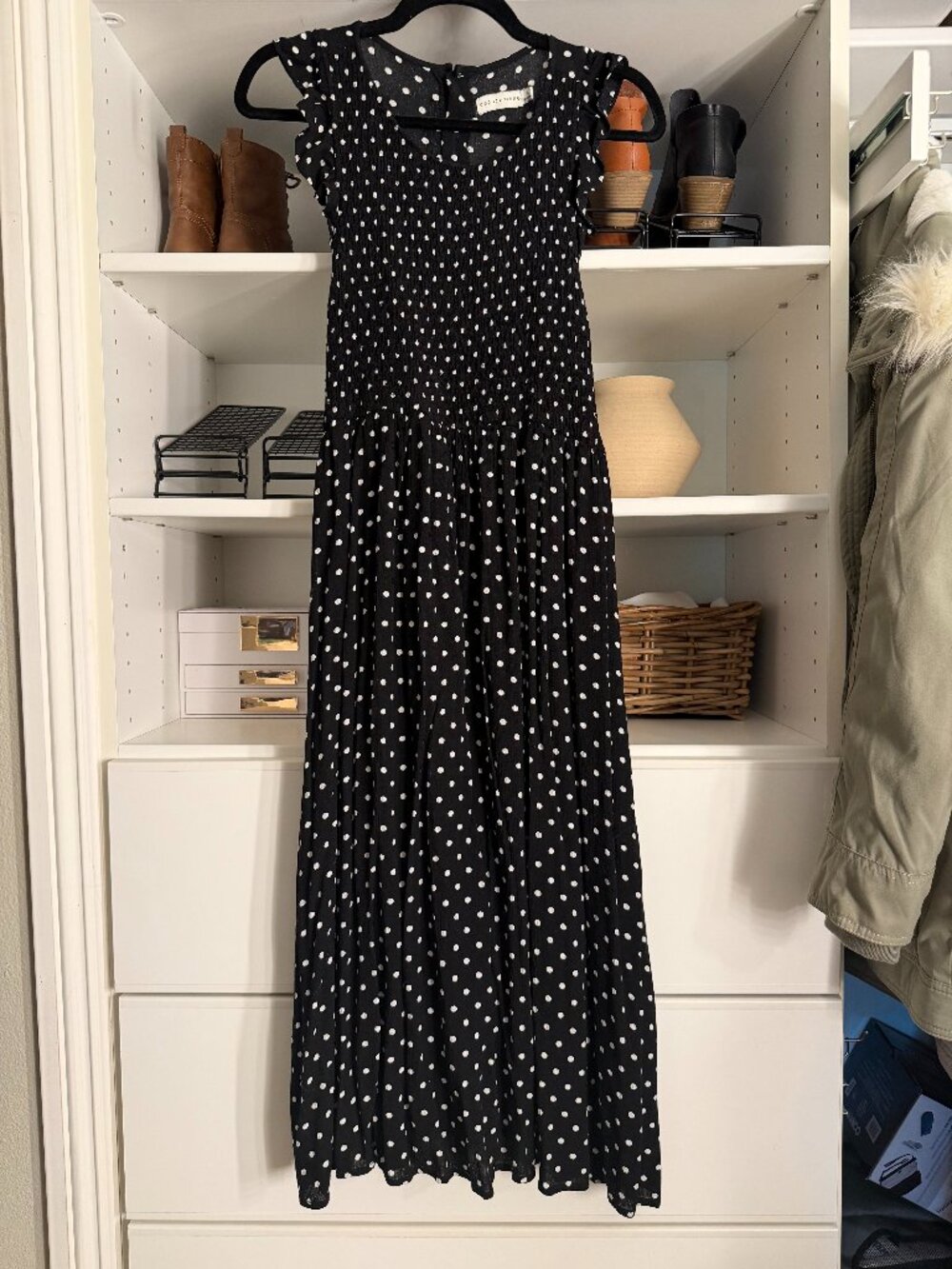 Vintage Paper Crane Black White Polka Dot Smocked Maxi Dress Large